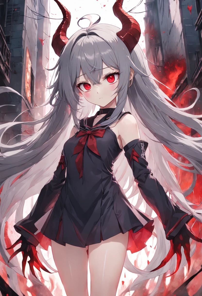 Dull hair, gray hair，Red eyes，long whitr hair，demonic horns，Broken sailor suit，Girl body type，Very cute，There are tears in the eyes，There are demon wings behind it，There was a little blood on his body，8K，No missing hands，Look into the camera，Empty eyes，Dynamic，Background of destroyed cities