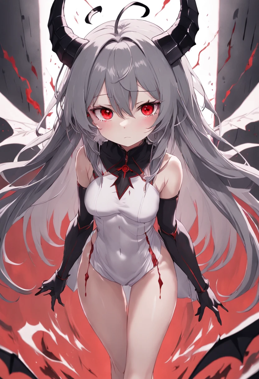 Dull hair, gray hair,Red eyes,long whitr hair,demonic horns,Broken sailor suit,Girl body type,Very cute,There are tears in the eyes,There are demon wings behind it,There was a little blood on his body,8K,No missing hands,Look into the camera,Empty eyes,Dynamic,Background of destroyed cities