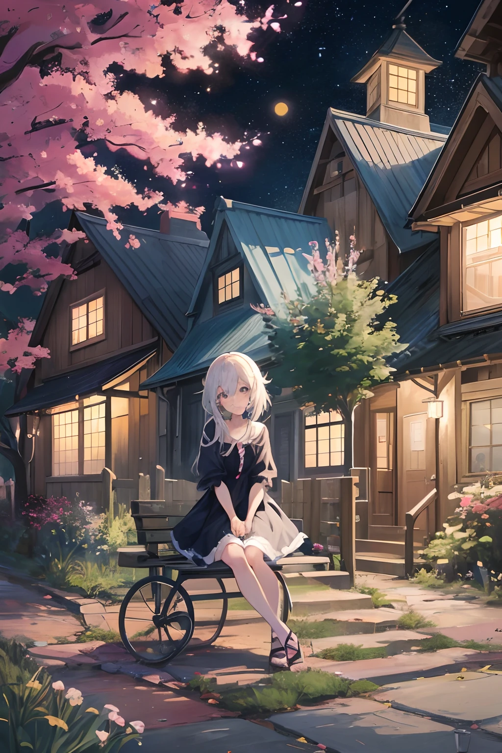 Anime girl sitting on a bench in front of the house, cozy night fireflies, Anime background art, anime countryside landscape, Guweiz in Pixiv ArtStation, Guviz-style artwork, drawn in anime painter studio, night under the starry sky, trending on artstation pixiv, Splash art anime Loli, loli in dress, Two legs