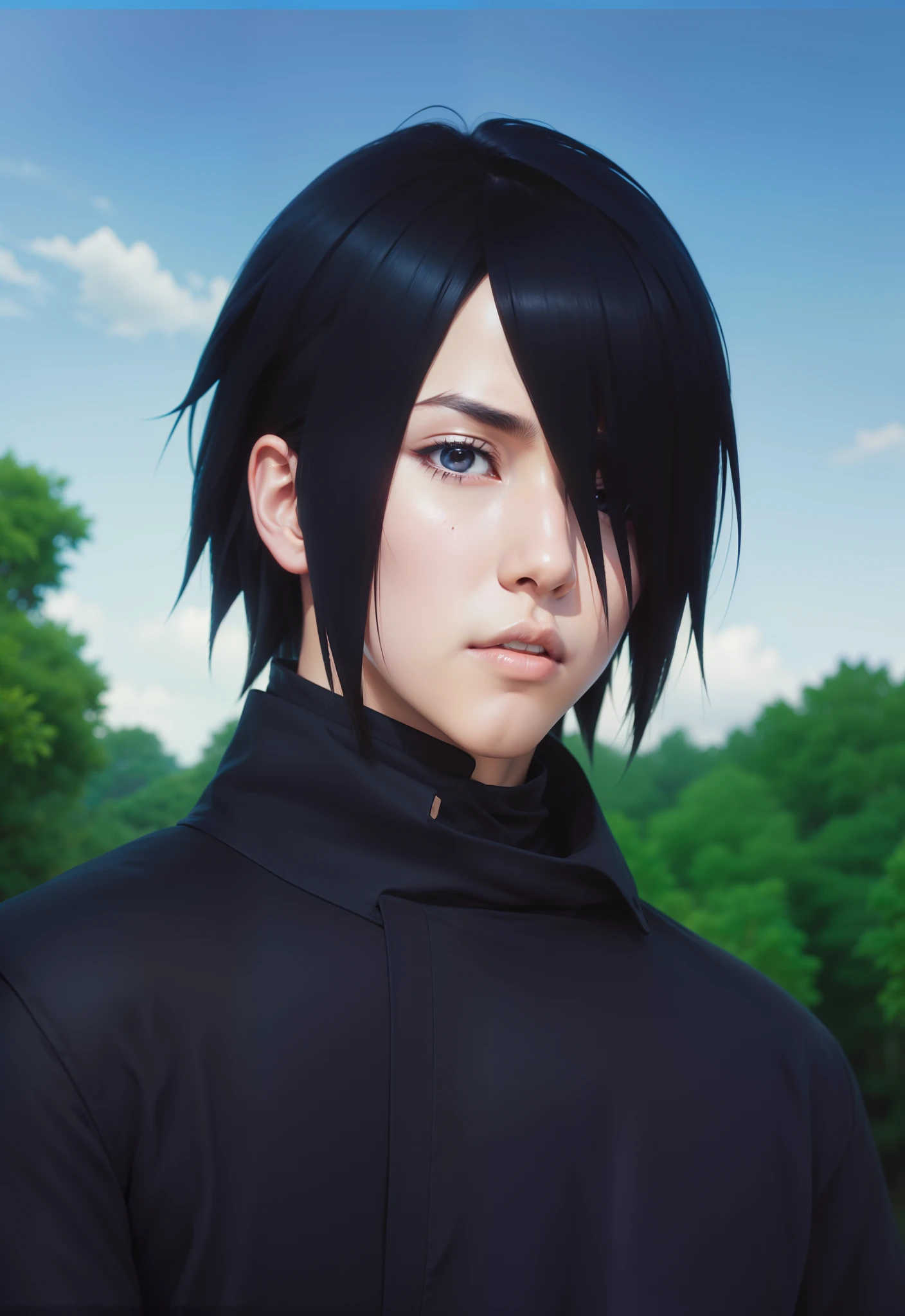 real Life adaption of this character,his name is Sasuke uchiha from anime naruto ,hyper realistic ,detailed black hair, high resolution, photorealistic,very detailed,realistic outfit Black robe ,Japanese  handsome with Thin and small lips,detailed shining eyes,