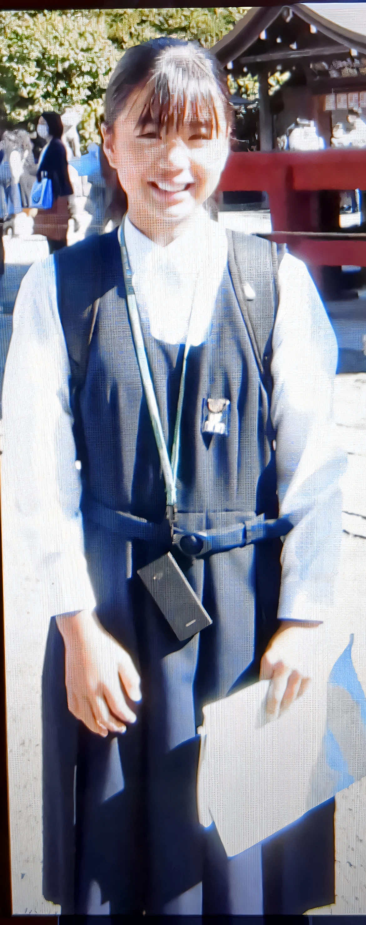 There is a woman in a blue dress and a black vest, JK Uniform, fullnude,girl wearing school uniform, Wearing a school uniform, Wearing school uniform, wearing japanese school uniform, Japan school uniform, Blue Uniform, very grainy image, wearing headmistress uniform, School uniform, very very low quality picture, extremely grainy, Grainy photo, Full body camera shots