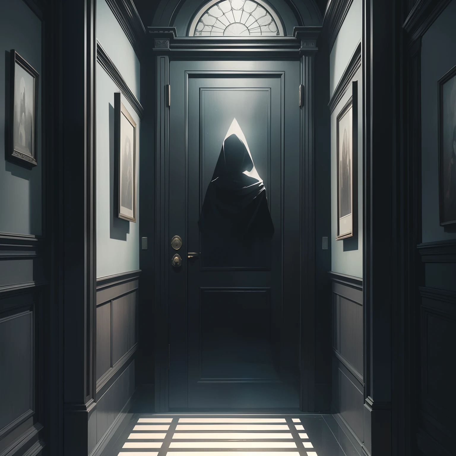 ((masterpiece, best quality, 4k, photorealistic, cinematic)), ((dark and suspenseful atmosphere)), imagine a dark hallway with closed doors, each "Ding dong" and "Knock knock" is a persistent echo that reverberates through the corridor, symbolizing the speaker's relentless pursuit, the closed doors represent barriers the hidden person has put up, trying to shield themselves from the speaker's advances, start with a sense of insistence, as if the speaker is calling out to someone who is hiding, there's an element of anticipation and an implication that the person being addressed can't escape the speaker's pursuit, Zdzisław Beksiński art