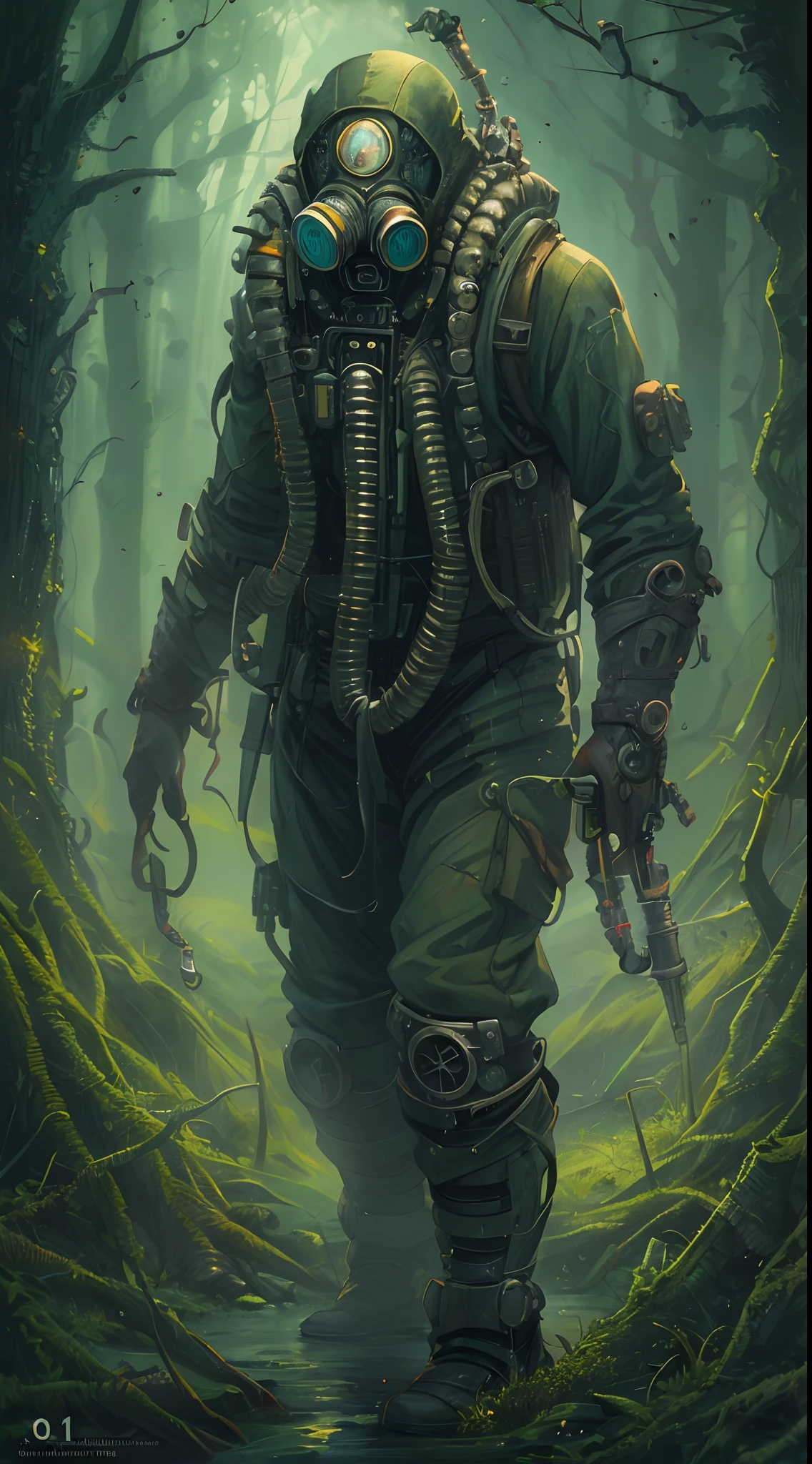 Amazing anatomy, (Fantastic Horror Perfect art, 64K Ultra HD: 1.1), (art by apterus, Art by Dan Mumford, The art of lovecraft: 1.2), Best quality, CGSesociety, humanoid creature, Gas mask with a fuse on the head, nuclear fallout, Dark, Dark, green glow, Hop Forest