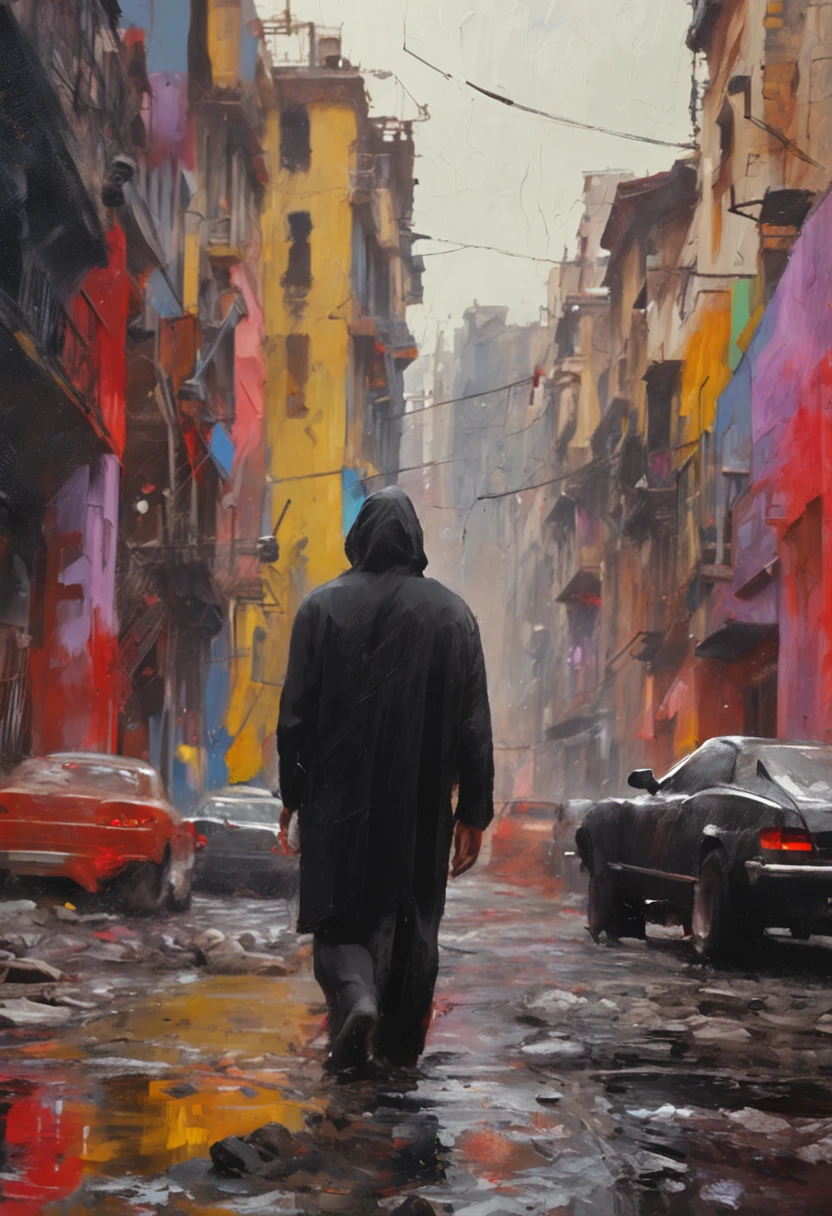 A small black figure in the middle of the painting, next to the street, ancient, cinematography, dynamic sports, smoke, oil painting, bright colors