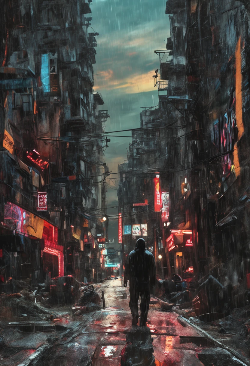 A small black figure in the middle of the painting, next to the street, ancient, cinematography, dynamic sports, smoke, oil painting, bright colors
