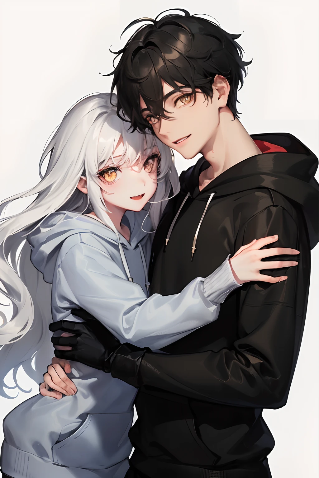 1woman, ((long white wavy hair)), swept bangs, ((golden eyes)), smile, modern clothes, hugging a ((boy with short messy black hair and black simple hoodie))