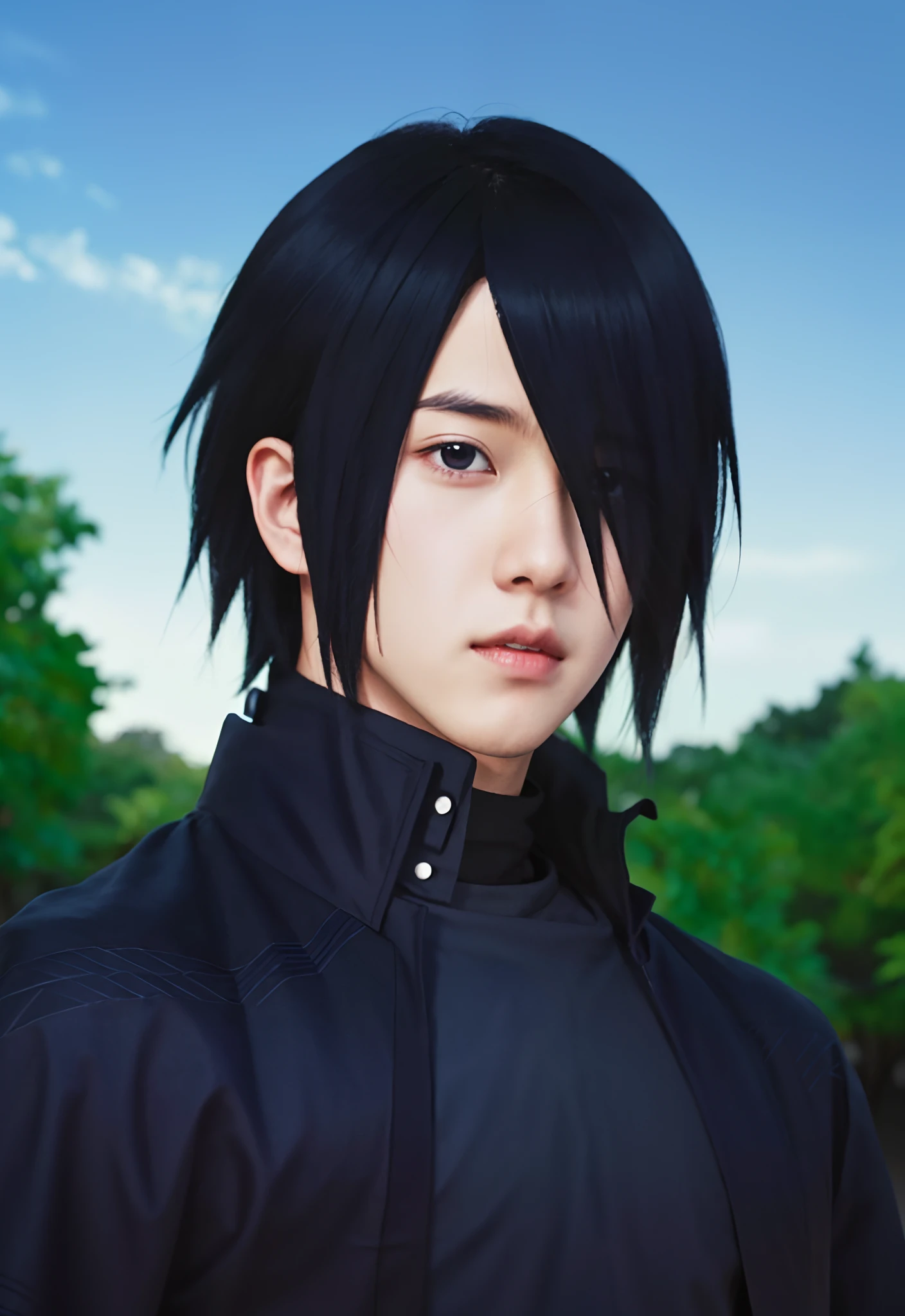 1boy,A real Life adaption of this character,her name is Sasuke uchiha from anime boruto ,hyper realistic ,detailed hair, high resolution, photorealistic,very detailed,realistic outfit ,boy handsome face ,detailed shining eyes,his face is cool expression,wear realistic black cloak