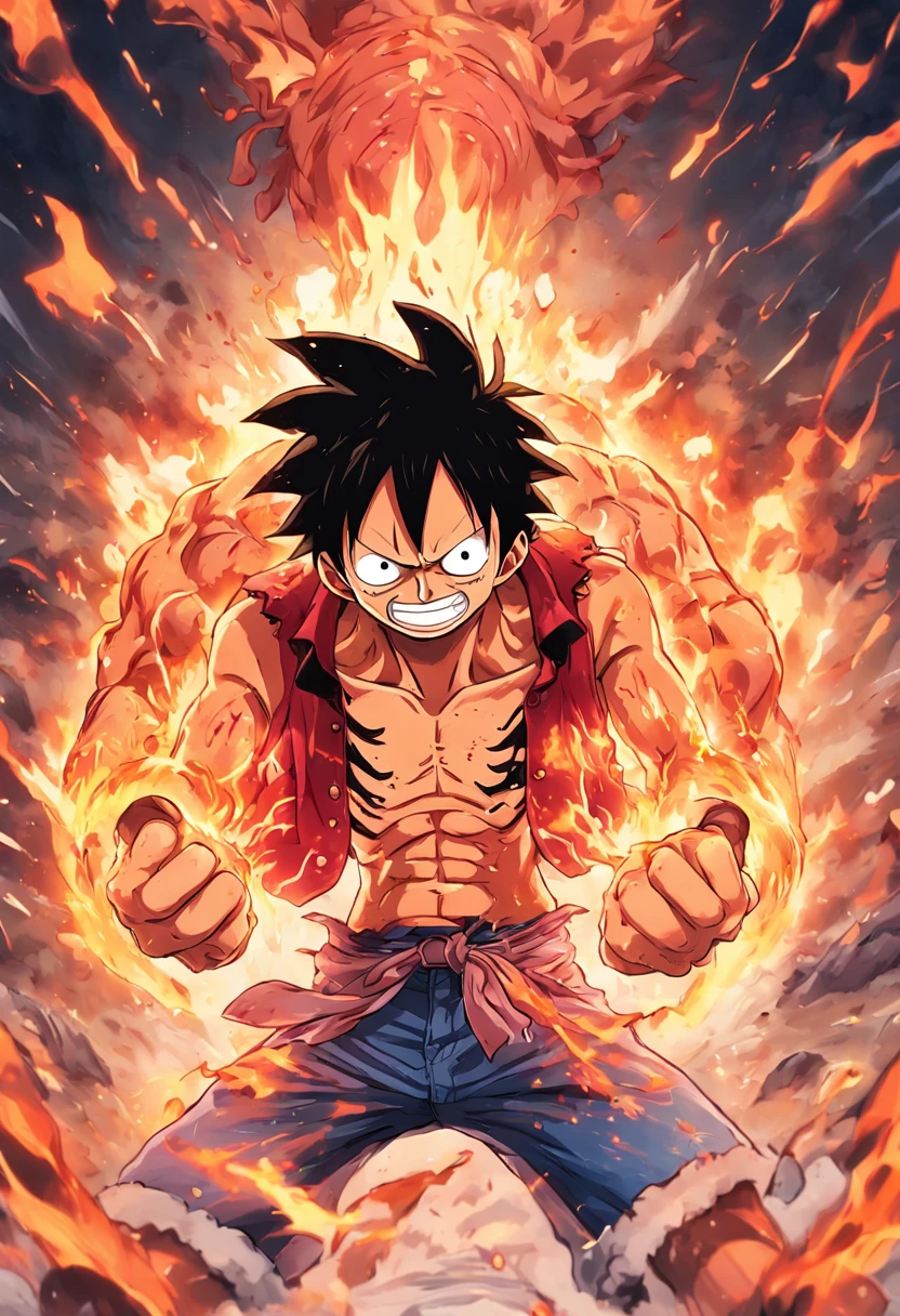 Design a gripping poster，Featuring Luffy in the fifth gear "One Piece" In the heat of the moment. Capture the essence of his burning determination and indomitable spirit，For he unleashed his anger on his enemies. Keep it short, Bold, And strongly convey the raw power of Luffy's anger.
