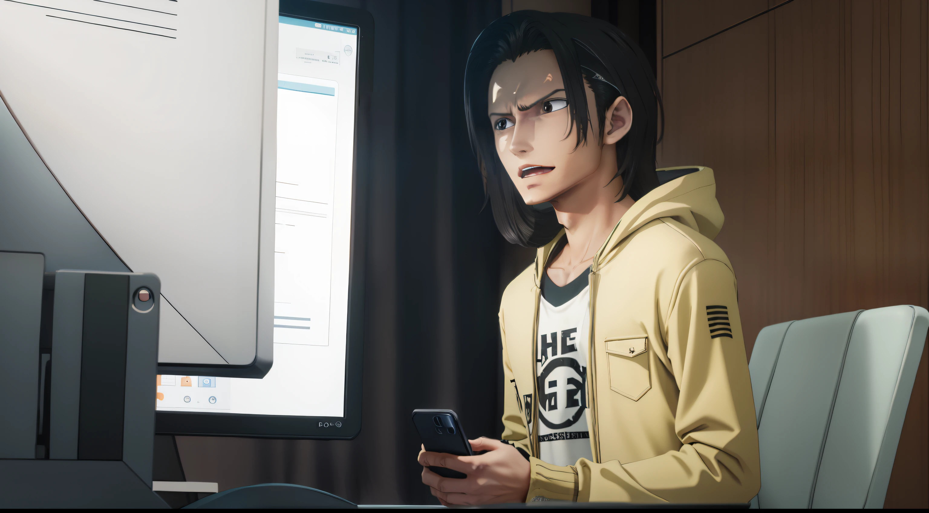 A young man sitting in front of a computer,Holding a cell phone in your hand,A surprised expression appeared on his face