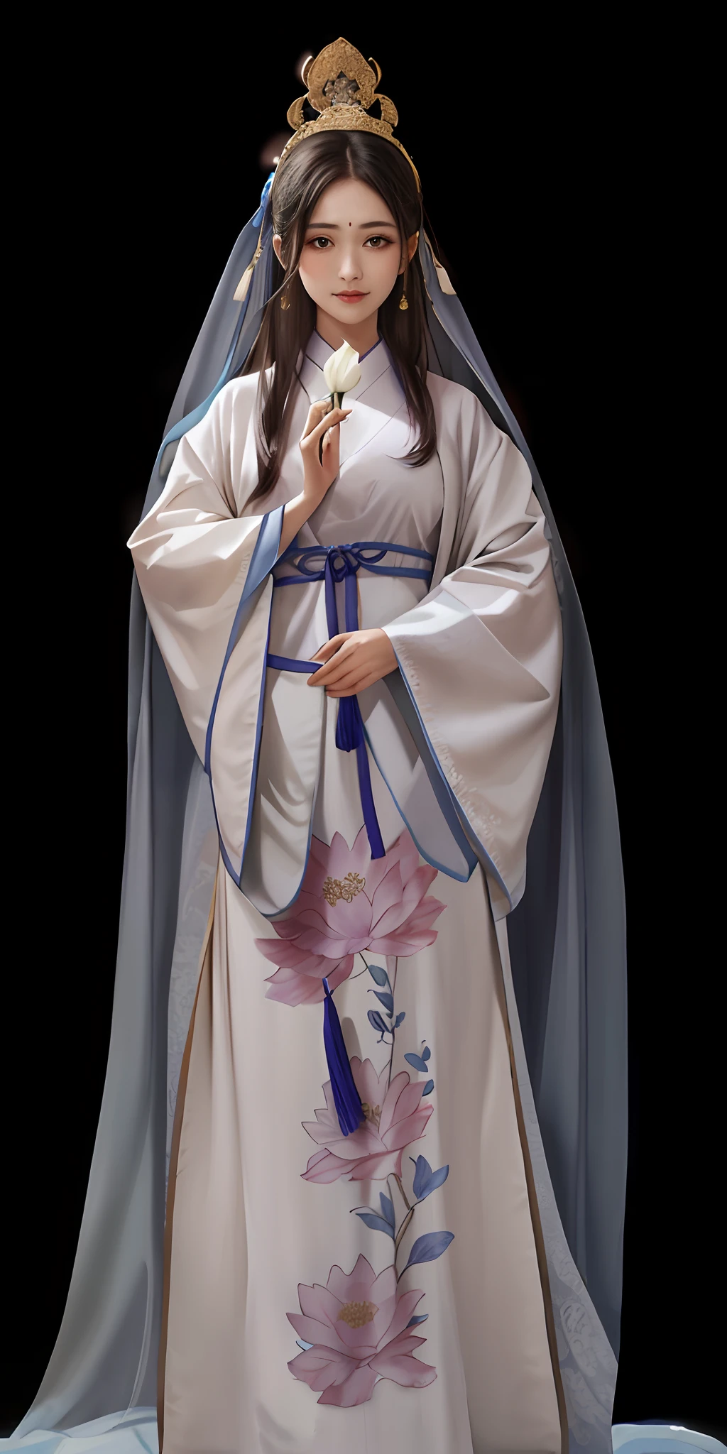 Wearing a white dress,Alafid woman in blue headdress holding a flower, White Hanfu, Hanfu, Palace , A girl in Hanfu, Wearing a luxurious silk cloak, flowing hair and long robes, Wearing ancient Chinese clothes, wearing a long flowing robe, with acient chinese clothes, wearing a long flowing robe, Traditional Chinese clothing, flowing magical robe,The background is gorgeous