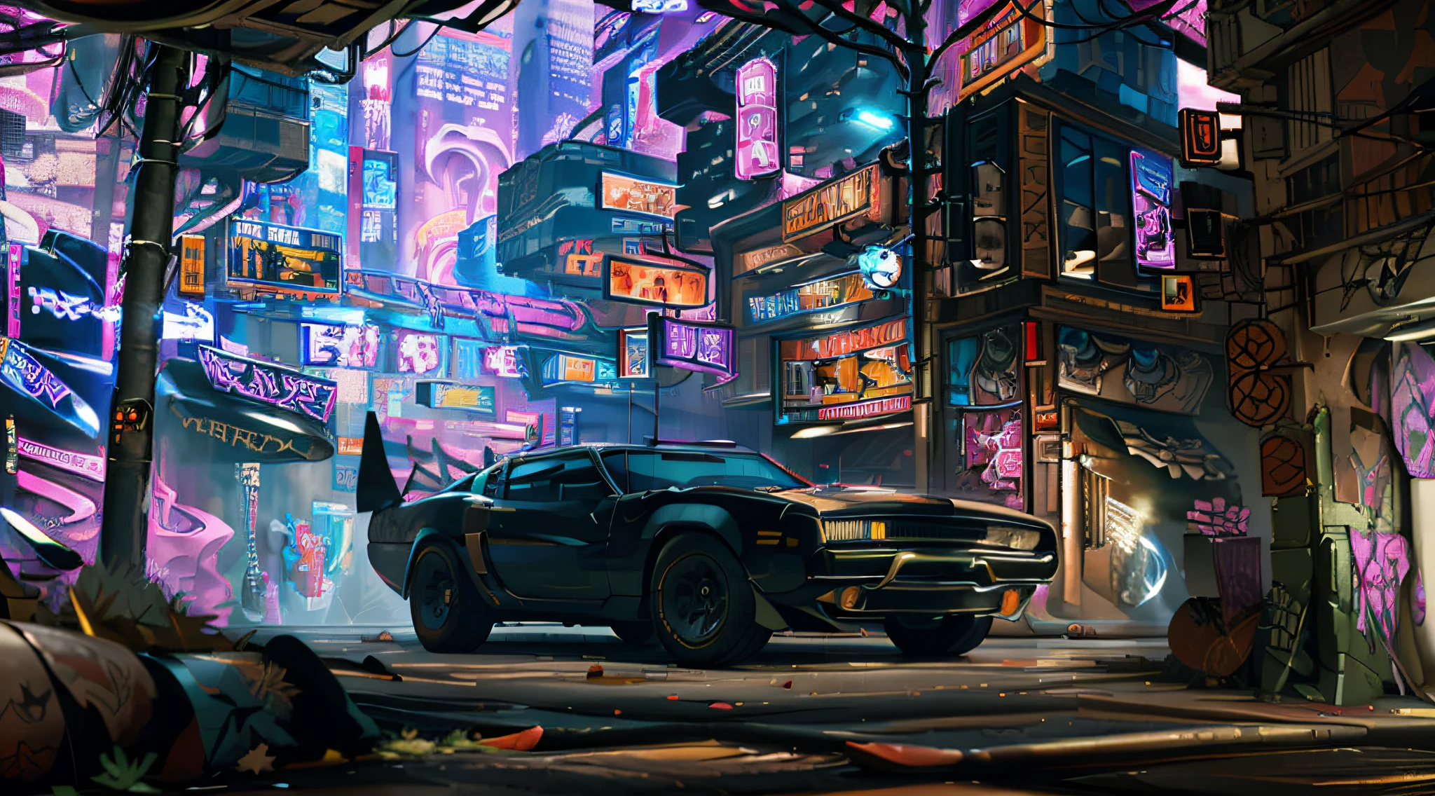 "Cyberpunk city, close up, futuristic Dodge Charger, towering buildings, vibrant neon lights, captivating holograms, a enigmatic man leaning against the Dodge Charger, adorned in a sleek black jacket, wearing an oni mask, holding a gun, with a cigarette in hand, amidst a gritty and run-down atmosphere."