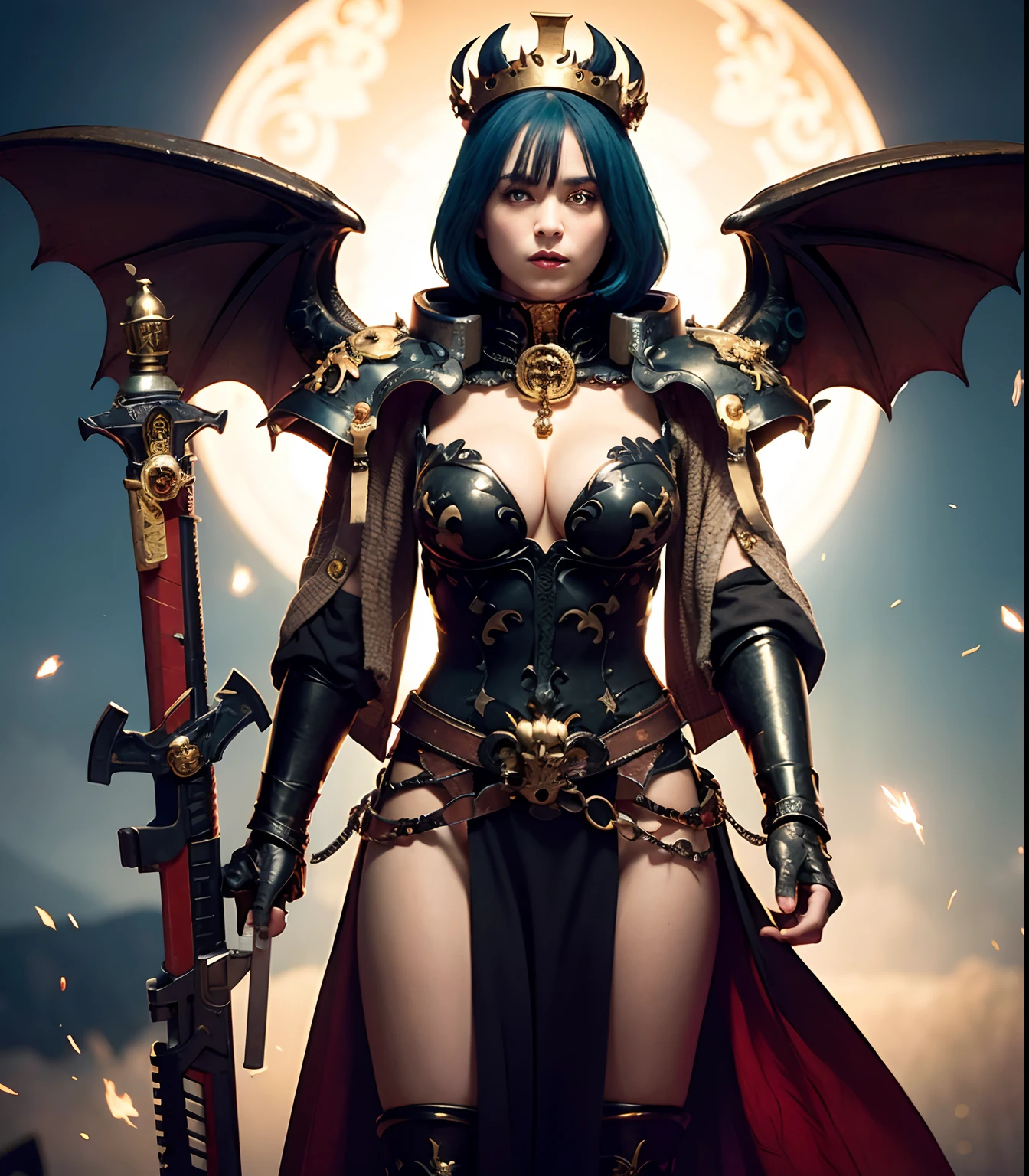 (masutepiece), Professional , ​masterpiece、top-quality、photos realistic , depth of fields 、（1 persons）、（Gemstone Black Metal Body:1.９),(Matte Black、（cleavage of the breast）、Dragon Gold Weapon（Dragon Metal Body:1.４),Gorgeous gold weapons ,（（ Dragon's dense and gorgeous sword）） , Beautiful knife   ,warhammer 40k , adepta sororitas,Detail and gorgeous crown、（（Blue hair））、（Castle background）、The dragon、（（Gangle's forest background））、Beautiful Caucasian beauty、（）、dynamic ungle,(((Detailed and ornate Black Devil Crown)))、Smaller head、A smile、Castle background、Thin and beautiful female hands、cleavage of the breast、Soldier in iron armor on background、Mystical expression、Light Effects、Wind-effect、magic circles、With the legendary magic wand、（demonic wings）、（Blue hair）、（1 persons）、Battle Look、Anatomically correct body、Toostock、Toostock、