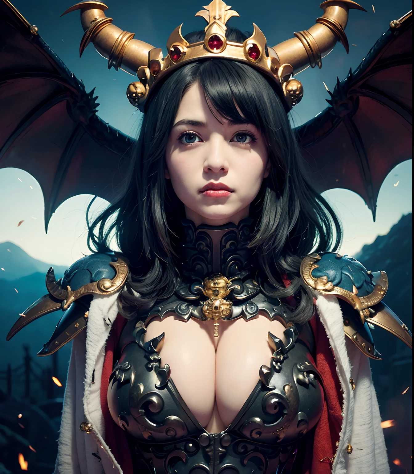 (masutepiece), Professional , masterpiece、top-quality、photos realistic , depth of fields 、(1 persons)、(Gemstone Black Metal Body:1.9),(Matte Black、(cleavage of the breast)、Dragon Gold Weapon(Dragon Metal Body:1.4),Gorgeous gold weapons ,(( Dragon's dense and gorgeous sword)) , Beautiful knife ,warhammer 40k , adepta sororitas,Detail and gorgeous crown、((Blue hair))、(Castle background)、The dragon、((Gangle's forest background))、Beautiful Caucasian beauty、()、dynamic ungle,(((Detailed and ornate Black Devil Crown)))、Smaller head、A smile、Castle background、Thin and beautiful female hands、cleavage of the breast、Soldier in iron armor on background、Mystical expression、Light Effects、Wind-effect、magic circles、With the legendary magic wand、(demonic wings)、(Blue hair)、(1 persons)、Battle Look、Anatomically correct body、Toostock、Toostock、