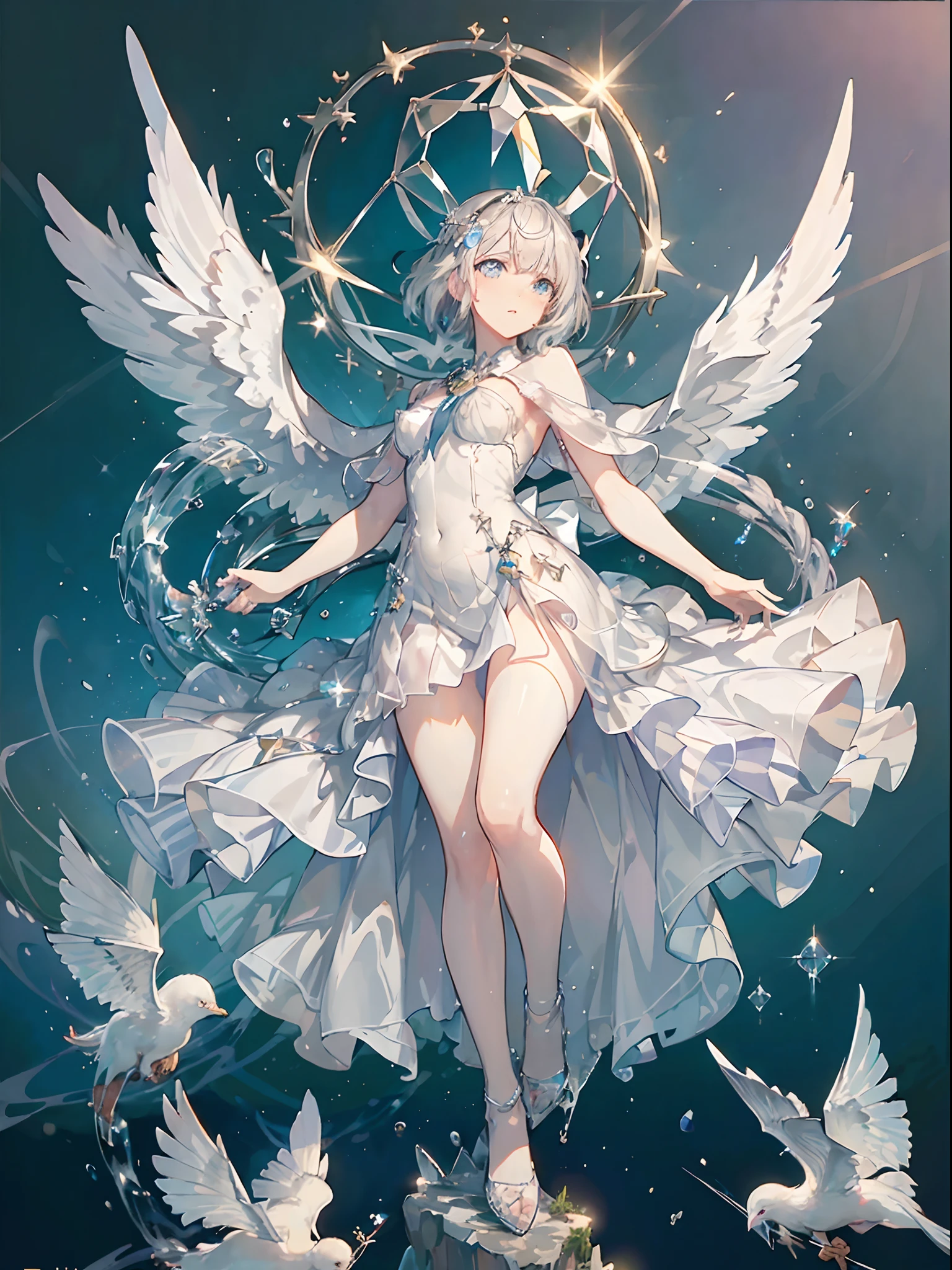 (((1girl))), ((best quality)), ((masterpiece)), ((ultra-detailed)), (illustration), (detailed light), (an extremely delicate and beautiful), (beautiful detailed eyes), (sunlight), ((extremely light)),  ((extremely clothes)), (((hyper detail)))

(((adorable white lingerie))),

high twin pig tails, ((((white silver hair)))), 
(((yellow gold eyes))), 

((angel)), (((angel wings))), ((angel halo)),

(((whole body))), aged 13 to 16, 
(((extra adorable))), (((extra slender shape))), 
(((extremely beautiful detailed face))),
(mischievous smile with sexual satisfaction),  (adorable smile),
(((condescending expression))),

(((jump up high above the magic circle))), (((((Dutch angle))))), 
((())), (from below),
(((extremely thin thighs))), (((white stockings)))