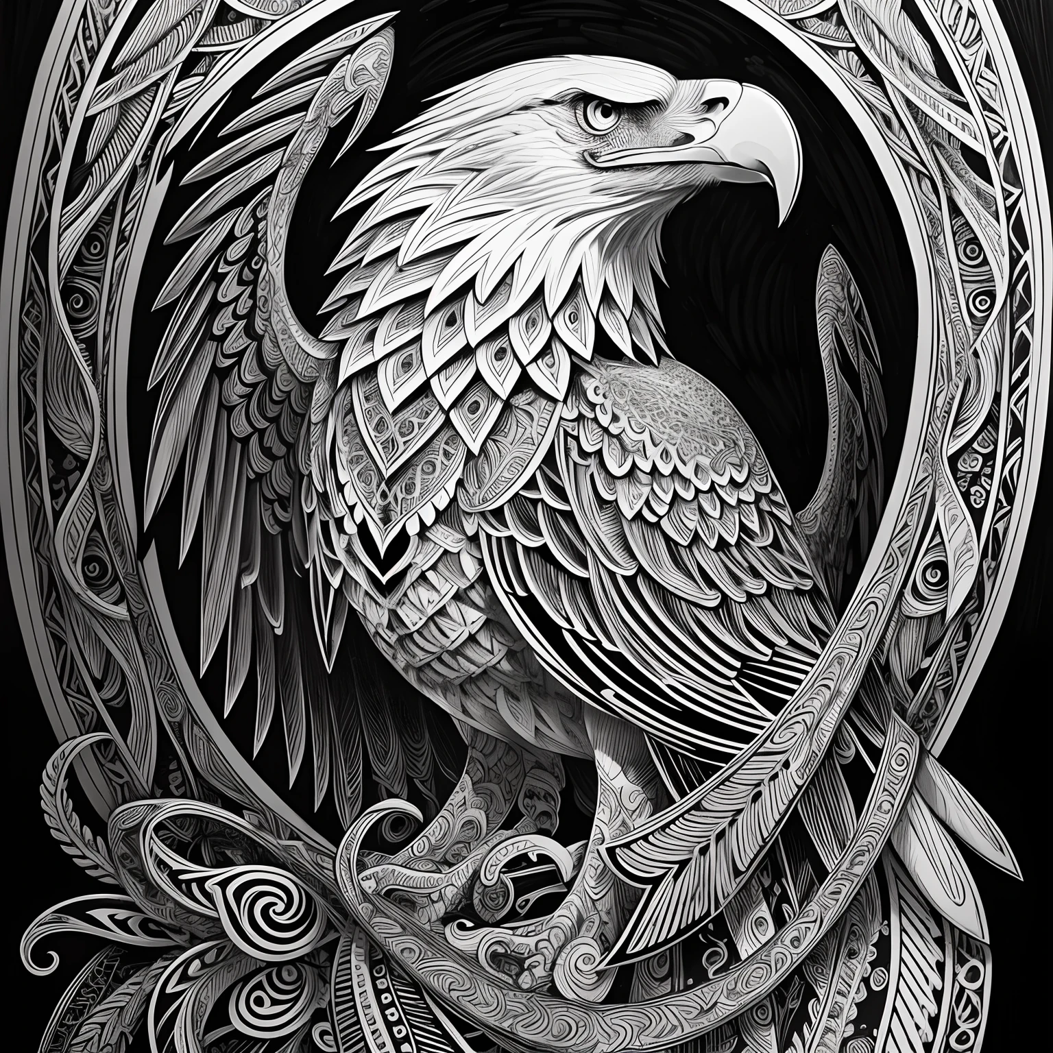 eagle, black and white, zentangle (best quality) ultra-detailed, fine line drawing, fine line art, coloring book illustration style, intricate linework, highly detailed illustration, perfect composition, beautiful and stunning, dynamic angle, high contrast, incredible shading, incredible detail, unique style, black and white details, (dark and mystical atmosphere), intricate and detailed nature elements.