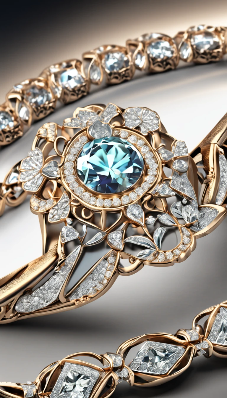 diamond bracelet,a jewellery design, Bracelet, Bracelet design, tear drop, Concept illustration, Symmetrical, arte renderizada, Daisy petals are set with diamonds, With geometric lines, symetry, Set with diamonds, simple elegant design, Plain background :: Antique jewelry, Art Deco period :: 8k 辛烷值渲染, high-definition photography