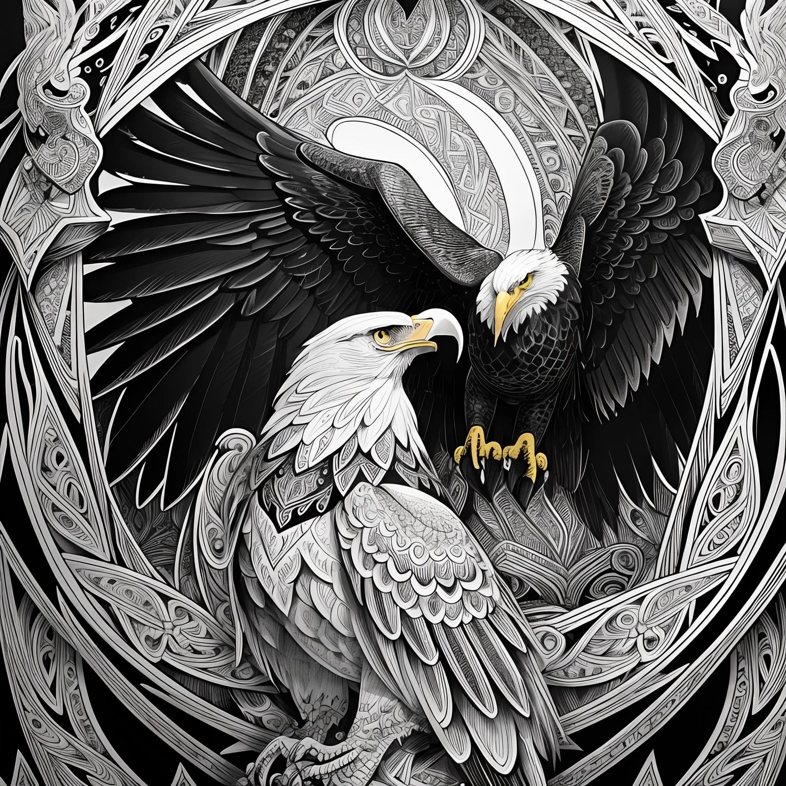 eagle, black and white, zentangle (best quality) ultra-detailed, fine line drawing, fine line art, coloring book illustration style, intricate linework, highly detailed illustration, perfect composition, beautiful and stunning, dynamic angle, high contrast, incredible shading, incredible detail, unique style, black and white details, (dark and mystical atmosphere), intricate and detailed nature elements.