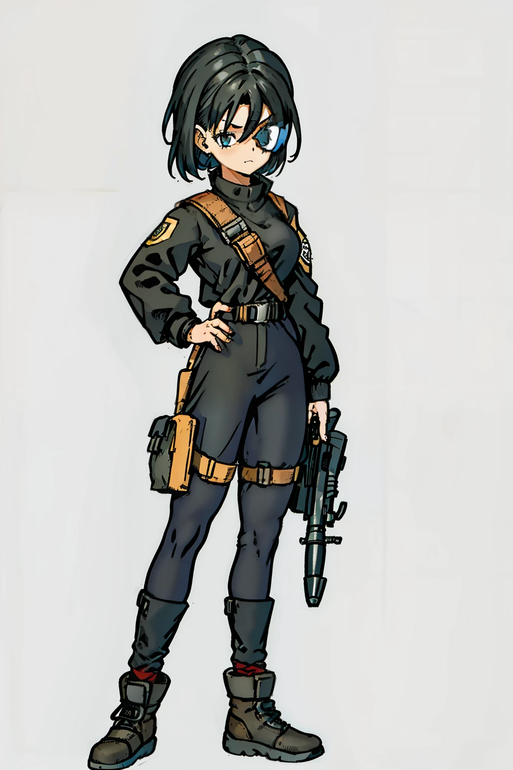 Teenage girl with a gun，grim eyes，cabelos preto e longos，Wear an eye patch，Wearing a black uniform，Unique posture，Tough style。Stand head-on，Stand on the side