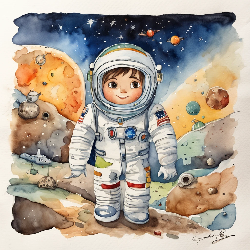 Astronauta bonito,Children's illustration,colored pencils,simples,Bonito Full Color,cores planas,etiqueta,fundo branco,Directed by: Genndy Tartakovsky