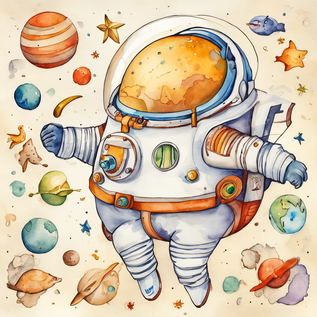 Astronauta bonito,Children's illustration,colored pencils,simples,Bonito Full Color,cores planas,etiqueta,fundo branco,Directed by: Genndy Tartakovsky