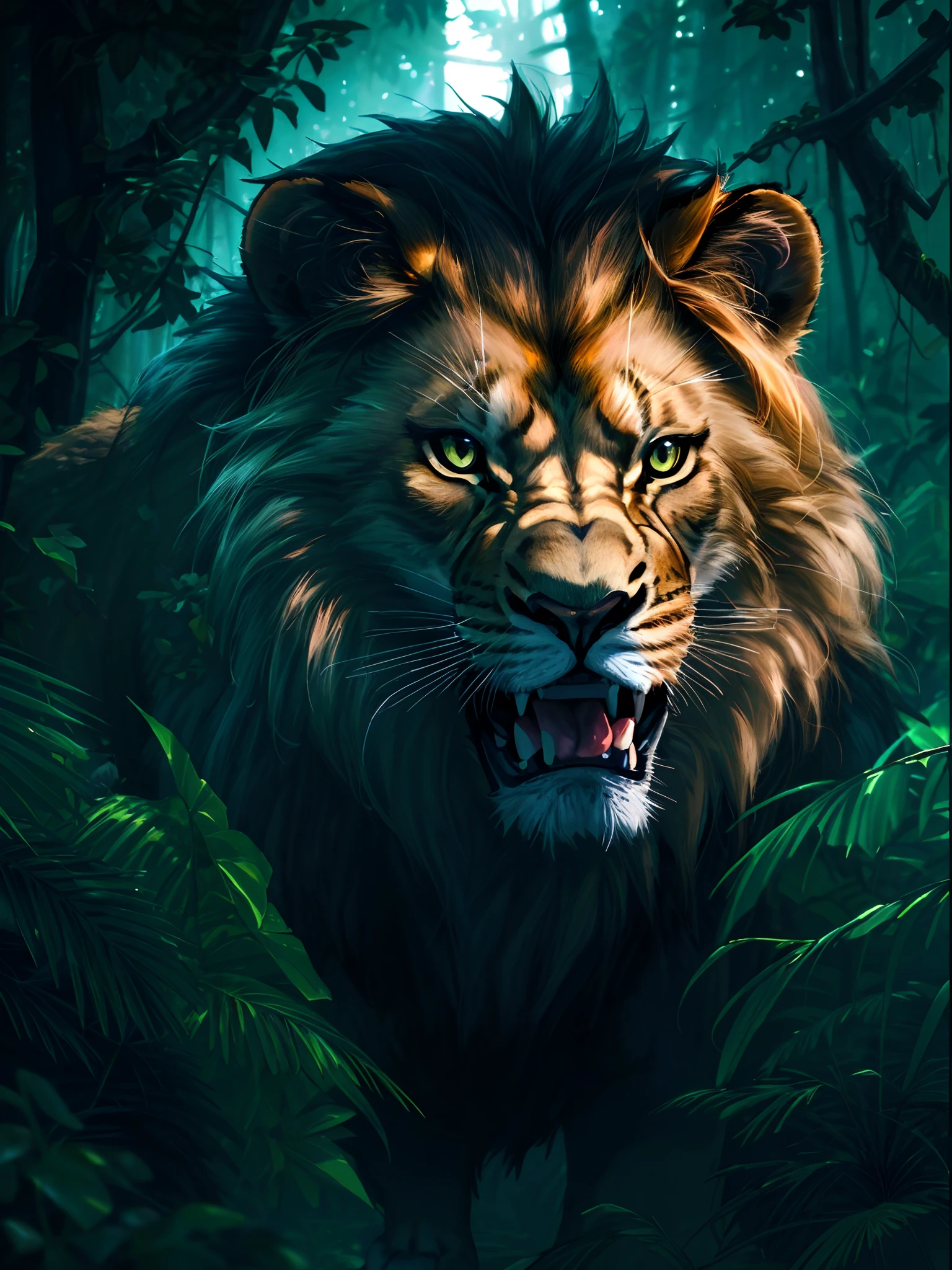 lion in the jungle with a big grin on his face, king of the jungle, lord of the jungle, fierce expression 4k, digital art animal photo, queen of the jungle, half lion, wallpaper 4k, wallpaper 4 k, 8k high quality detailed art, realistic digital art 4 k, realistic digital art 4k, dramatic cinematic detailed fur