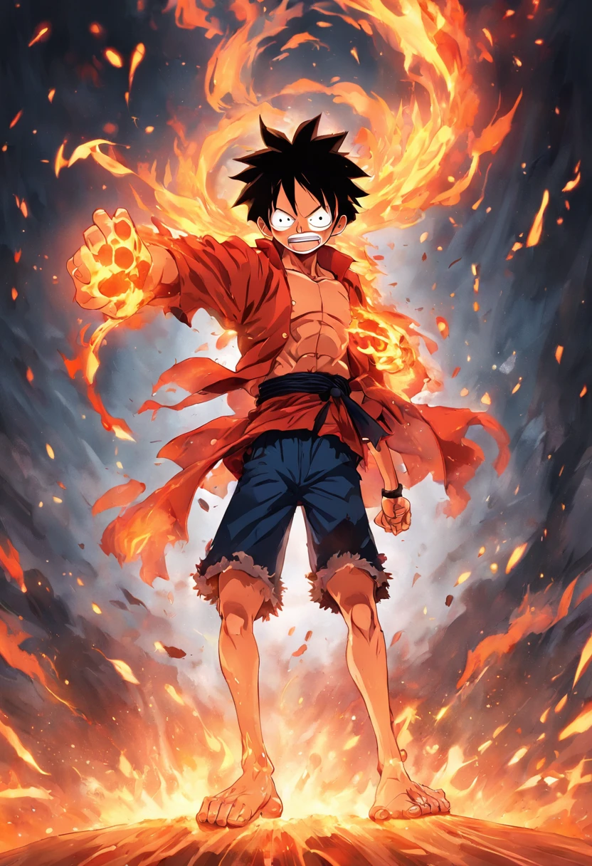 Design a gripping poster，The protagonist is Luffy in the form of Nikka "One Piece" In the heat of the moment. Capture the essence of his burning determination and indomitable spirit，For he unleashed his anger on his enemies. Keep it short, Bold, And strongly convey the raw power of Luffy's anger.