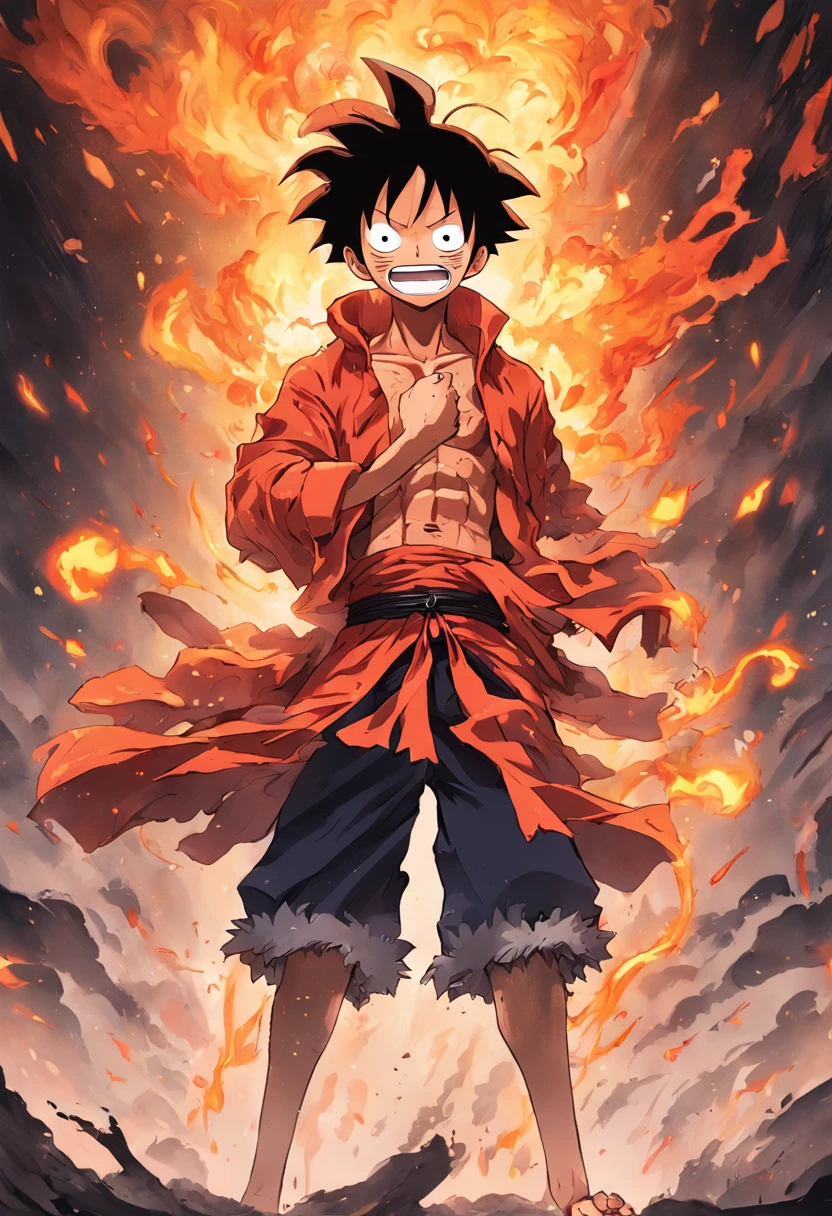 Design a gripping poster,The protagonist is Luffy in the form of Nikka "One Piece" In the heat of the moment. Capture the essence of his burning determination and indomitable spirit,For he unleashed his anger on his enemies. Keep it short, Bold, And strongly convey the raw power of Luffy's anger.