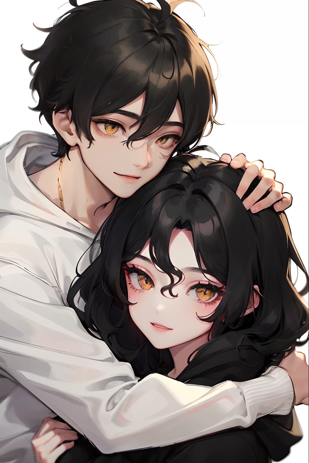 (Mastepiece), (Best Quality), Very detailed, ((Two men kissing on the cheek)), Perfect Face, (Happy Face:1.3)、Beautiful Face, Very detailed顔,(One black-haired man:1.3),(One white-haired man:1.3),T-Shirts、smile、bed