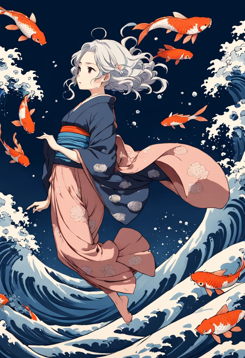 best quality, style of Hokusai, Ukiyoe, a dancing woman, (floating koi fish), flying carp