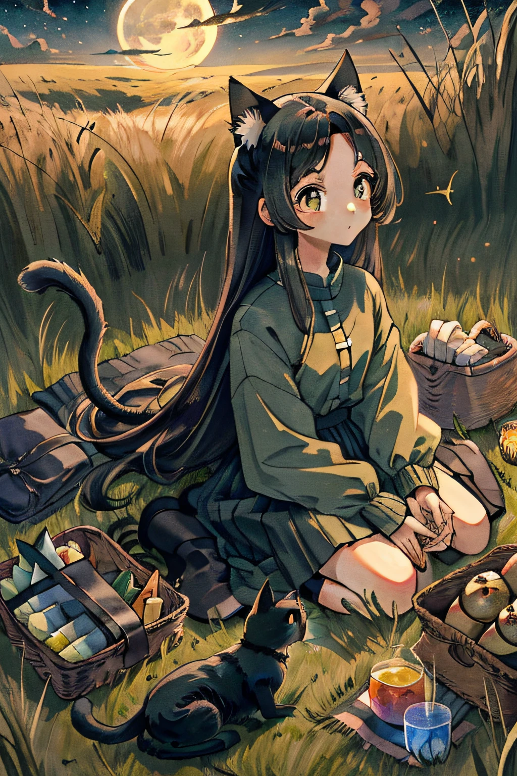 Best quality, Masterpiece, meteors, on a grassy field, in summer, the night, full moon, cat, a beauty girl, Long fluffy hair,Jet black hair, Official audience,largeeyes,glowworm,tenten,having picnic