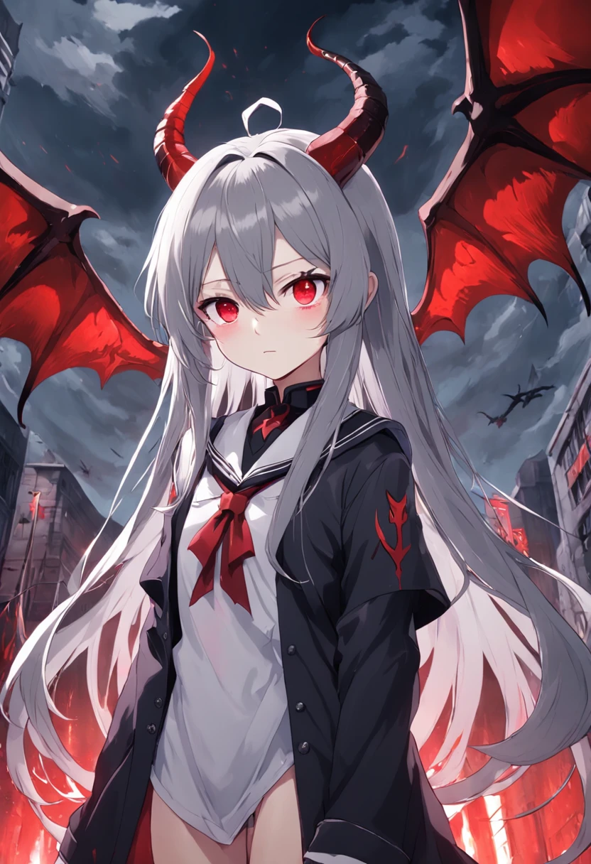 Dull hair, gray hair，Red eyes，long whitr hair，demonic horns，Broken sailor suit，Girl body type，Very cute，There are tears in the eyes，There are demon wings behind it，There was a little blood on his body，8K，No missing hands，Look into the camera，Empty eyes，Dynamic，Background of destroyed cities