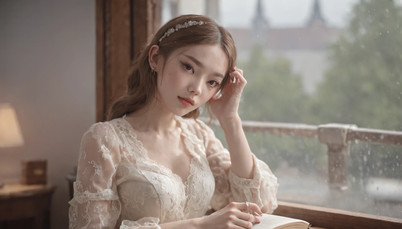 ((masterpiece, best quality, official art, extremely detailed CG unity 8k wallpaper)), A blonde Asian girl with vintage pretty jewelry, tears in her eyes, a little sad, left hand on a book on the table, wearing a white lace dress and black lace stockings, sitting in a vintage cafe drinking coffee and looking out the window at the rain. Tindal light, light sunlight, medium format, smoke, film texture