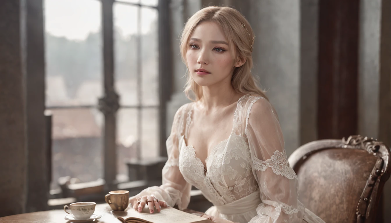 ((masterpiece, best quality, official art, extremely detailed CG unity 8k wallpaper)), A blonde Asian girl with vintage pretty jewelry, tears in her eyes, a little sad, left hand on a book on the table, wearing a white lace dress and black lace stockings, sitting in a vintage cafe drinking coffee and looking out the window at the rain. Tindal light, light sunlight, medium format, smoke, film texture