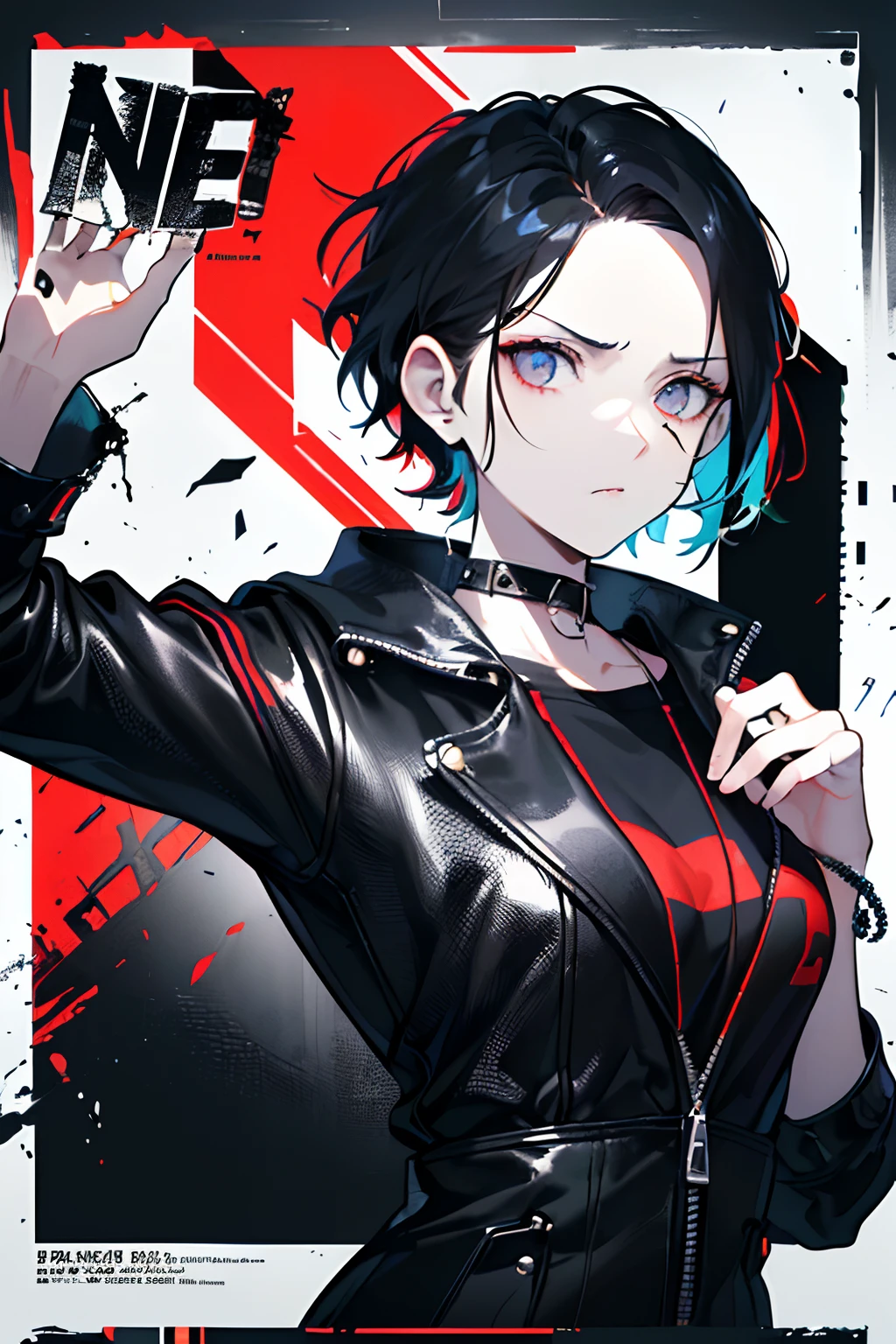 A woman with short white hair, spiked hairstyle, red eyes, black eyeshadow, black lipstick, white aristocratic jacket, black tight pants, small breasts, muscular, claws, rock, sitting on a chair, masterpiece, best quality, 4k, highres, ultra-detailed