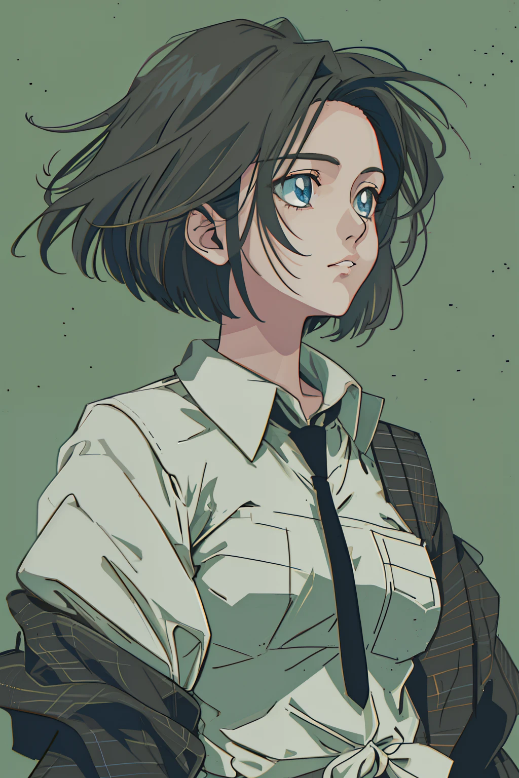 a 1girl, body complet, very detail, a lot of details, very extremely beautiful,  ((tmasterpiece, minimalism)), (Short Hair Hair), tie, Rabashka, Dark colors, looks into the distance, 1990s anime style