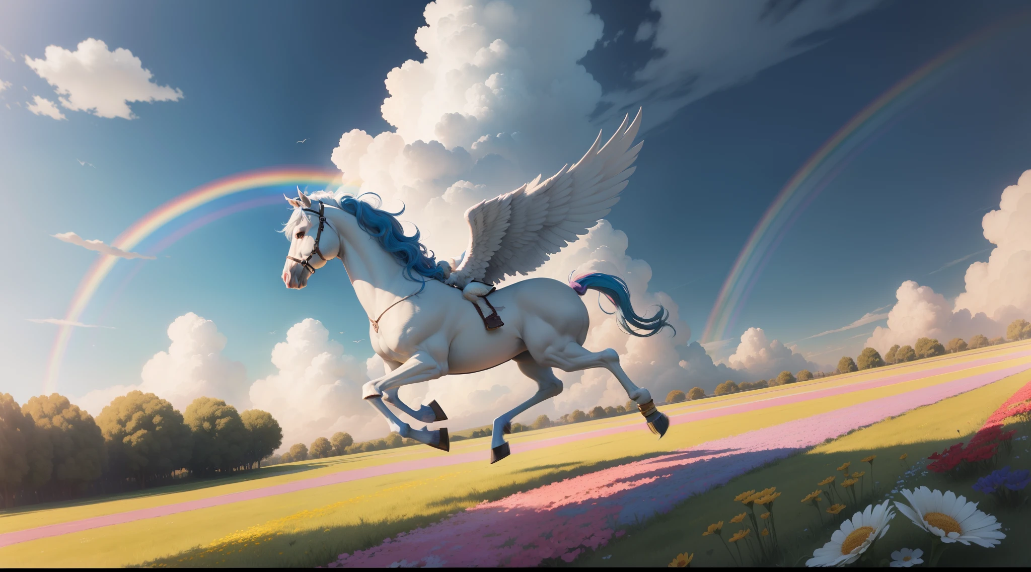 Skysky,Pegasus in the sky,The brush floats,In the distance there is a small child drawing on the grass,A large rainbow of pigments,Pegasus is full of flowers,In the distance there is a child riding a paintbrush