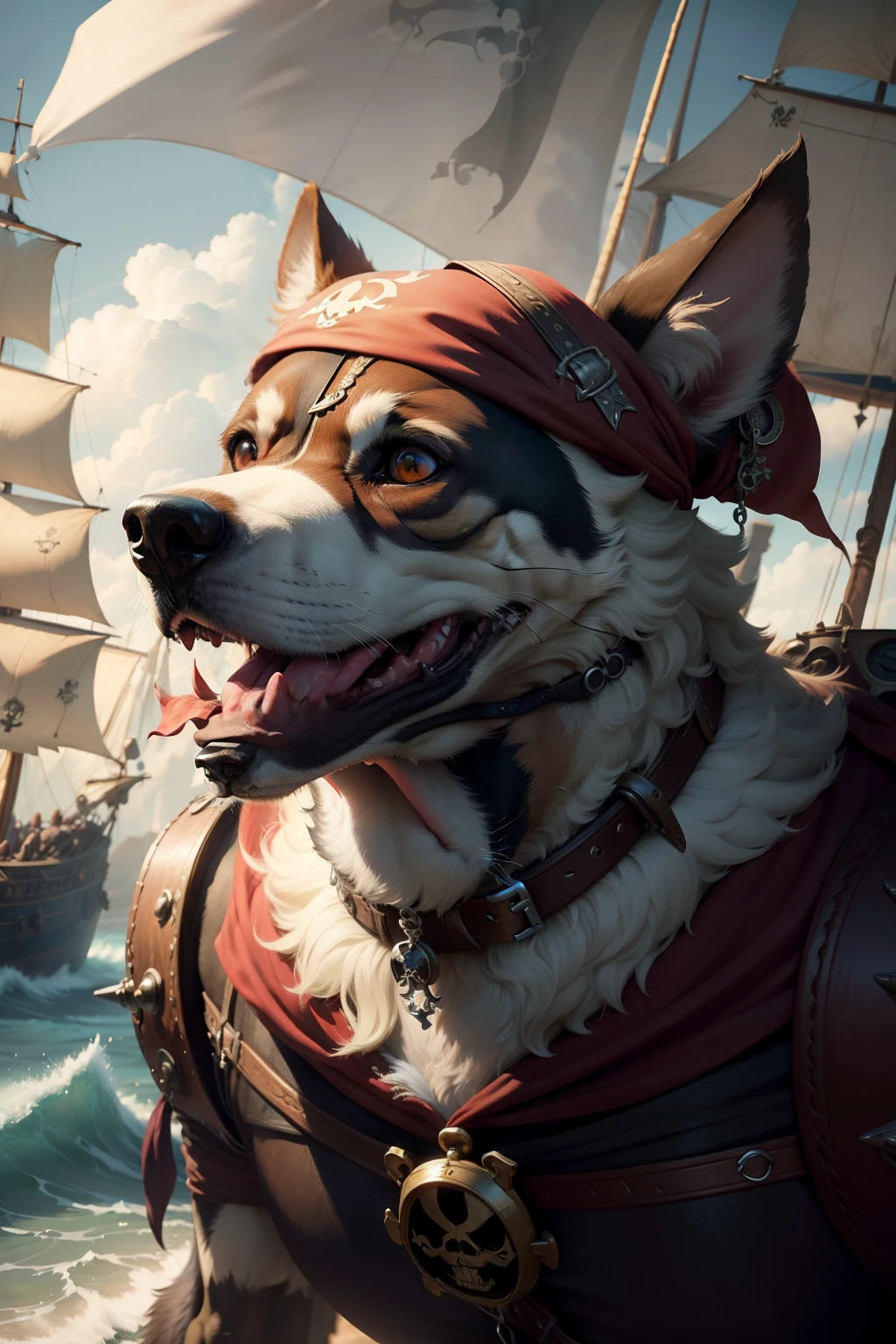 pirate, dog-face, pirate flag, Animal Anthropomorphism, realistic digital, humanoid, abstract background, global illumination, intricate, epic, dramatic, masterpiece, high detail, best quality, ultra high res