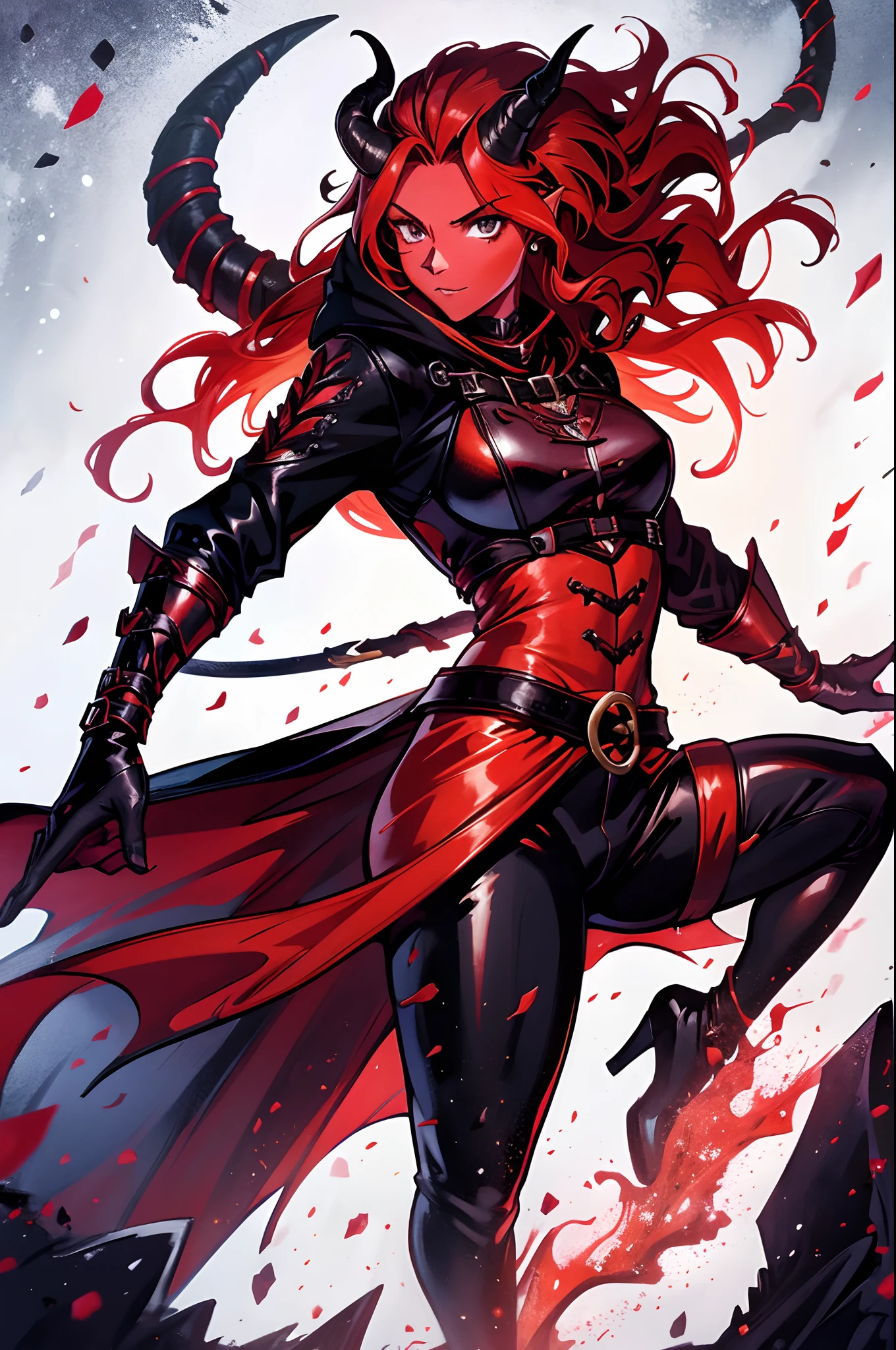 Tiefling, red skin, ginger hair, two horns, girl, black cape, fantasy, black leather pants