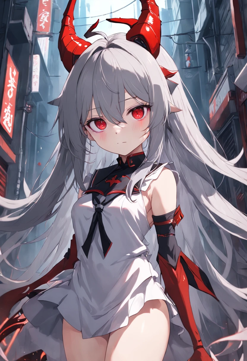 Dull hair, gray hair，Red eyes，long whitr hair，demonic horns，Broken sailor suit，Girl body type，Very cute，There are tears in the eyes，There are demon wings behind it，There was a little blood on his body，8K，No missing hands，Look into the camera，Empty eyes，Dynamic，Background of destroyed cities