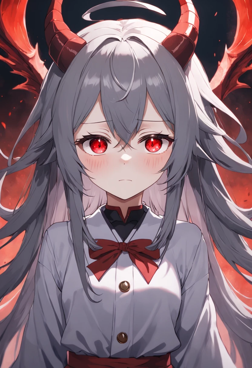 Anime girl with horns and red eyes in a white shirt - SeaArt AI
