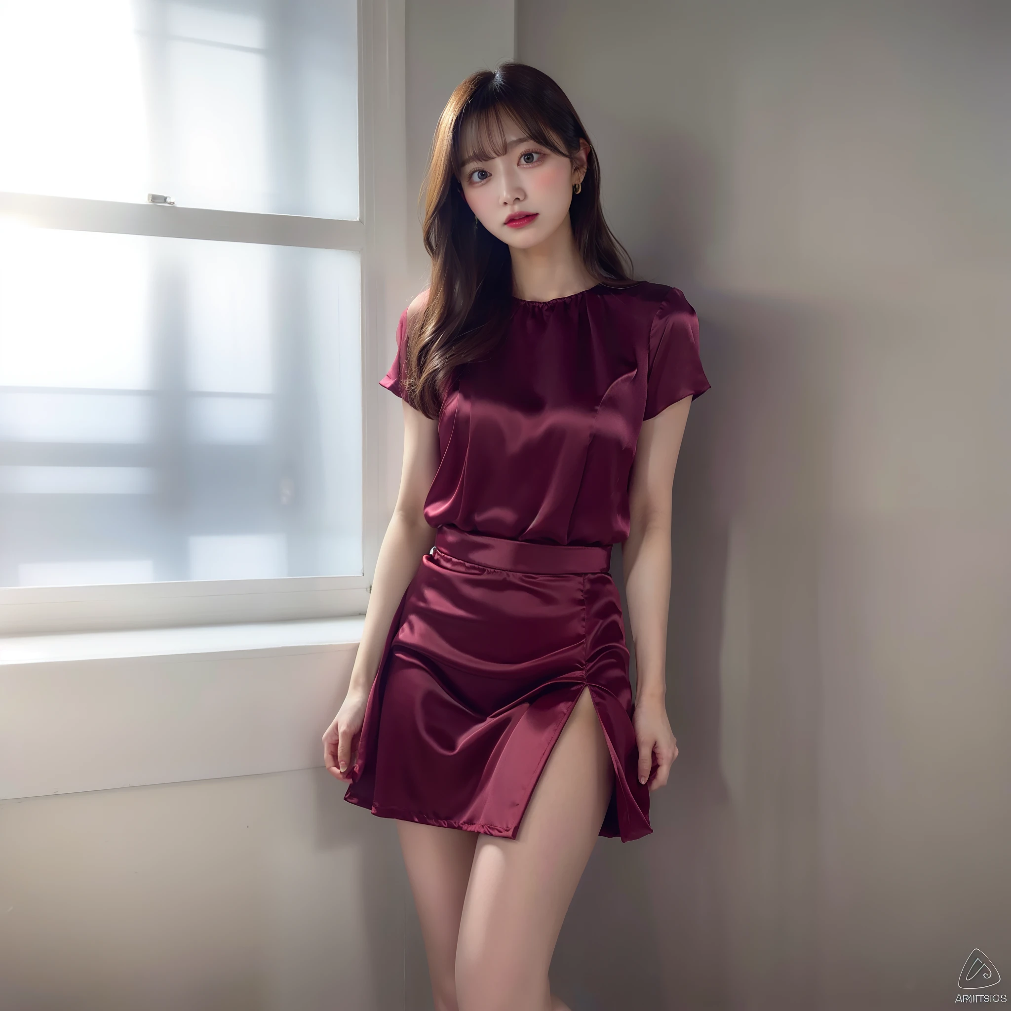 Satin blouse、Satin skirt、huge tit