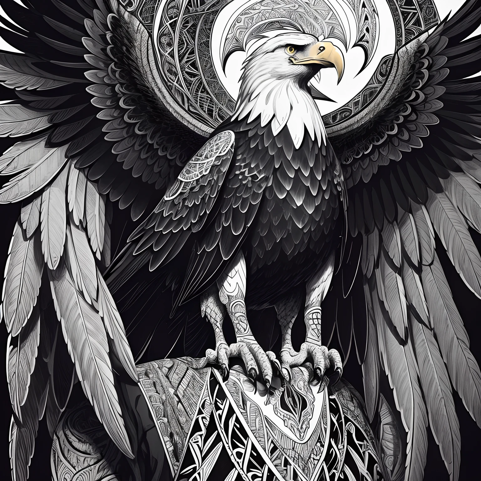 eagle, black and white, zentangle (best quality) ultra-detailed, fine line drawing, fine line art, coloring book illustration style, intricate linework, highly detailed illustration, perfect composition, beautiful and stunning, dynamic angle, high contrast, incredible shading, incredible detail, unique style, black and white details, (dark and mystical atmosphere), intricate and detailed nature elements.