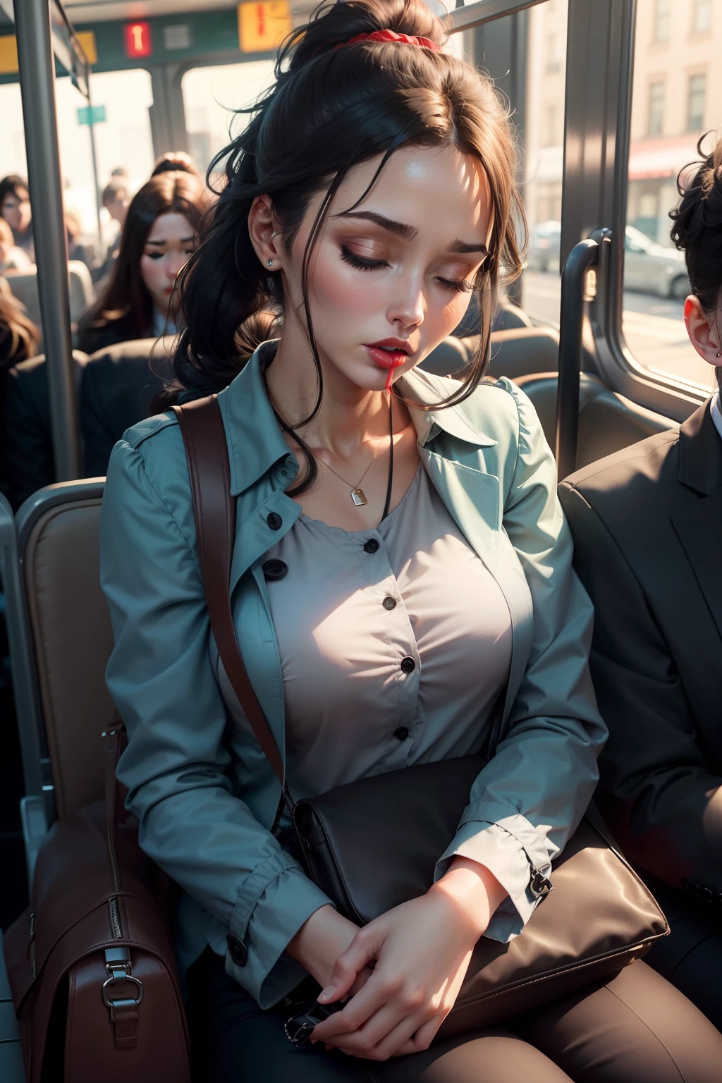 1 beautiful, adult woman, large body, ponytail, red lips, outlined eyelids, made-up eyelids, blouse, light blue blouse, gray trench coat, neckline, black dress pants, black bag, hugging her bag, sleeping sitting on the bus, mouth open, eyes closed.