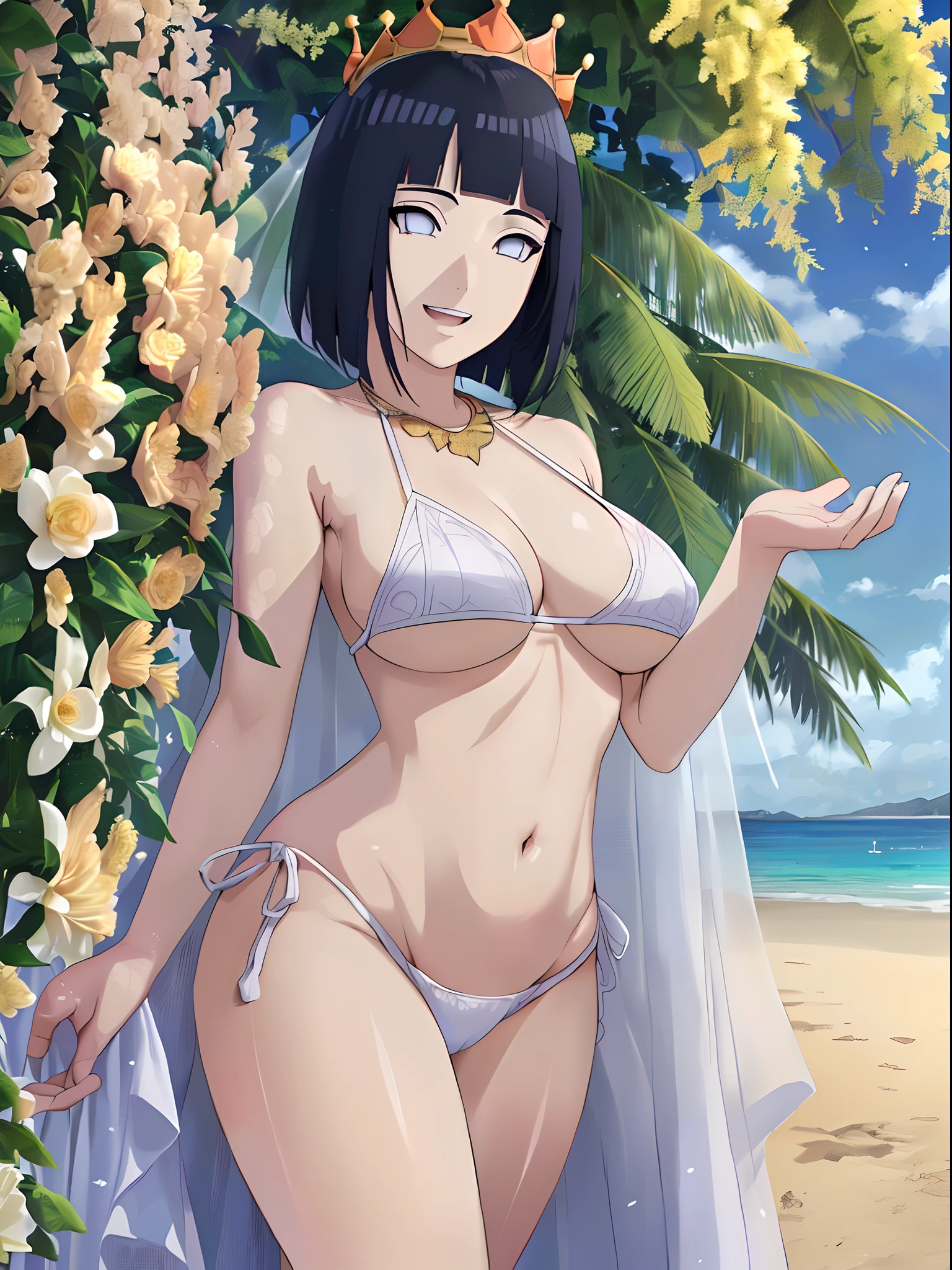 (WALLPAPER,  (hinata\(boruto\), masterpiece, 4k, whole body shot, contrast lighting, mature female, milf, (curvy:0.8), solo, anime style, sharp focus, professional artwork, intricate details, detailed beach background, colorful, vibrant colors, vivid colors, digital blending, ultra detailed body, ultra detail hair, ultra detail face, trending on pixiv, very hot colors, sunny day, outdoor, detailed bold arm lines, high color saturation, bold lines, bold drawing lines),
(standing, open mouth, kind smile, extremely happy),
((dark blue hair color:1.1), ((short hair, hime cut)),
(perfect eyes, white sciera, white eyes, anime eyes, smoky eyeliner, eyeshadow)
(white skin, slender body, milf, navel, groin, flat belly, perfect face, perfect thighs),
(Thighs, legs, big breasts, perky boobs, off-shoulders, (flat belly, groin, detailed shoulders), 
(bare body, bare chest, minimum clothing, bare shoulders, bare hands, bare legs), 
(revealing white dress, wedding veil, white flower wedding crown, gold necklace)