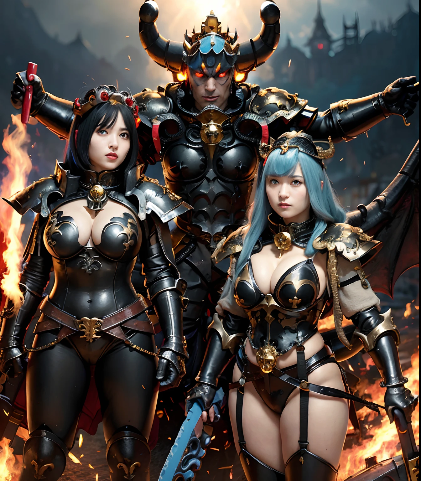 (masutepiece), Professional , masterpiece、top-quality、photos realistic , depth of fields 、(1 persons)、(Gemstone Black Metal Body:1.9),(Matte Black、(cleavage of the breast)、Dragon Gold Weapon(Dragon Metal Body:1.4),Gorgeous gold weapons ,(( Dragon's dense and gorgeous sword)) , Beautiful knife ,warhammer 40k , adepta sororitas,Detail and gorgeous crown、((Blue hair))、(Castle background)、The dragon、((Gangle's forest background))、Beautiful Caucasian beauty、()、dynamic ungle,(((Detailed and ornate Black Devil Crown)))、Smaller head、A smile、Castle background、Thin and beautiful female hands、cleavage of the breast、Soldier in iron armor on background、Mystical expression、Light Effects、Wind-effect、magic circles、With the legendary magic wand、(demonic wings)、(Blue hair)、(1 persons)、Battle Look、Anatomically correct body、Toostock、Toostock、