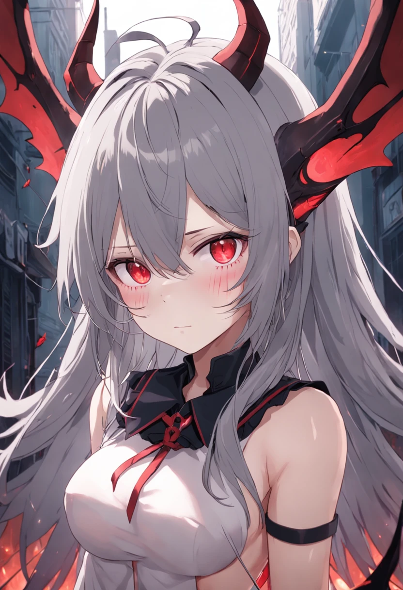 Dull hair, gray hair,Red eyes,long whitr hair,demonic horns,Broken sailor suit,Girl body type,Very cute,There are tears in the eyes,There are demon wings behind it,There was a little blood on his body,8K,No missing hands,Look into the camera,Empty eyes,Dynamic,Background of destroyed cities