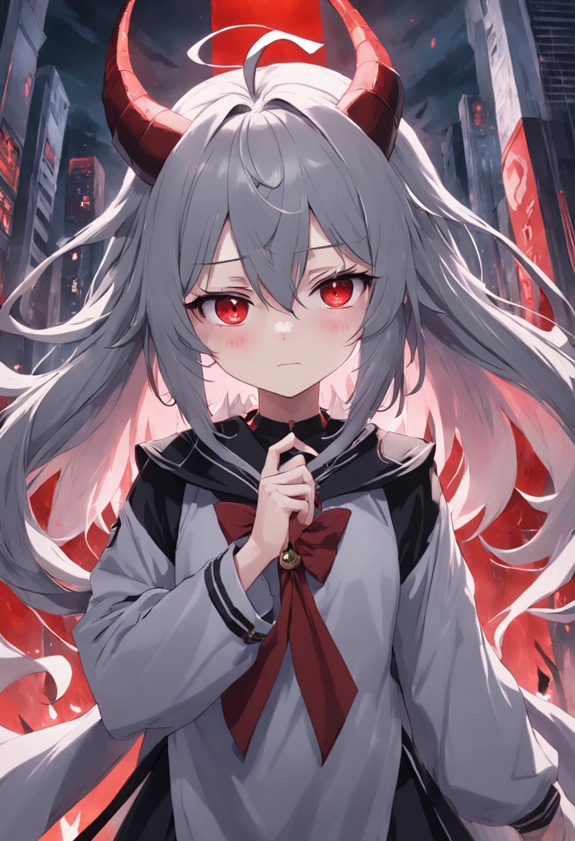 Dull hair, gray hair，Red eyes，long whitr hair，demonic horns，Broken sailor suit，Girl body type，Very cute，There are tears in the eyes，There are demon wings behind it，There was a little blood on his body，8K，No missing hands，Look into the camera，Empty eyes，Dynamic，Background of destroyed cities