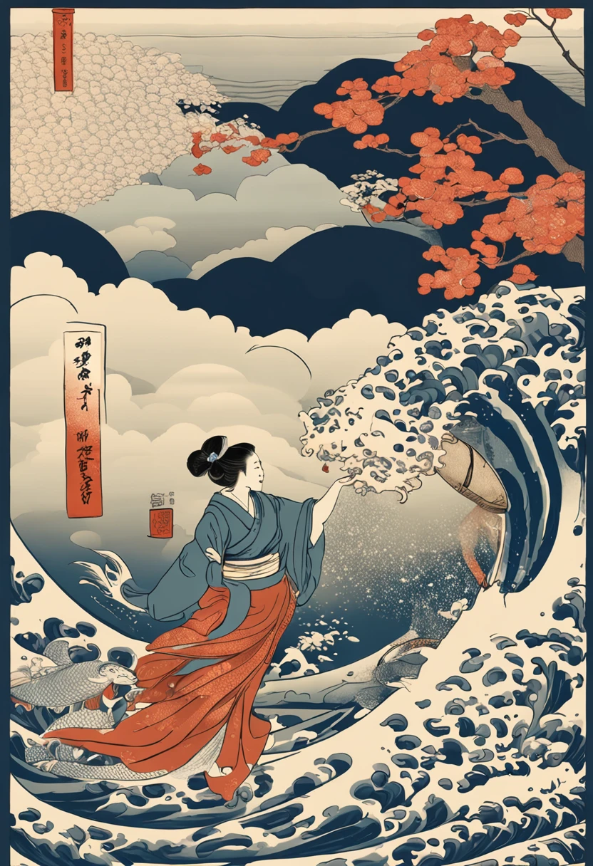 best quality, style of Hokusai, Ukiyoe, a dancing woman, (floating koi fish), flying carp