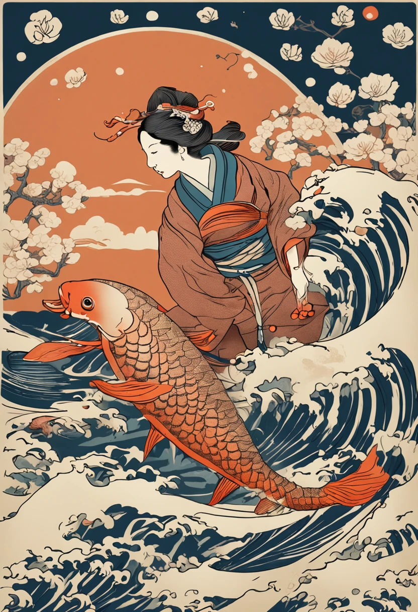 best quality, style of Hokusai, Ukiyoe, a dancing woman, (floating koi fish), flying carp