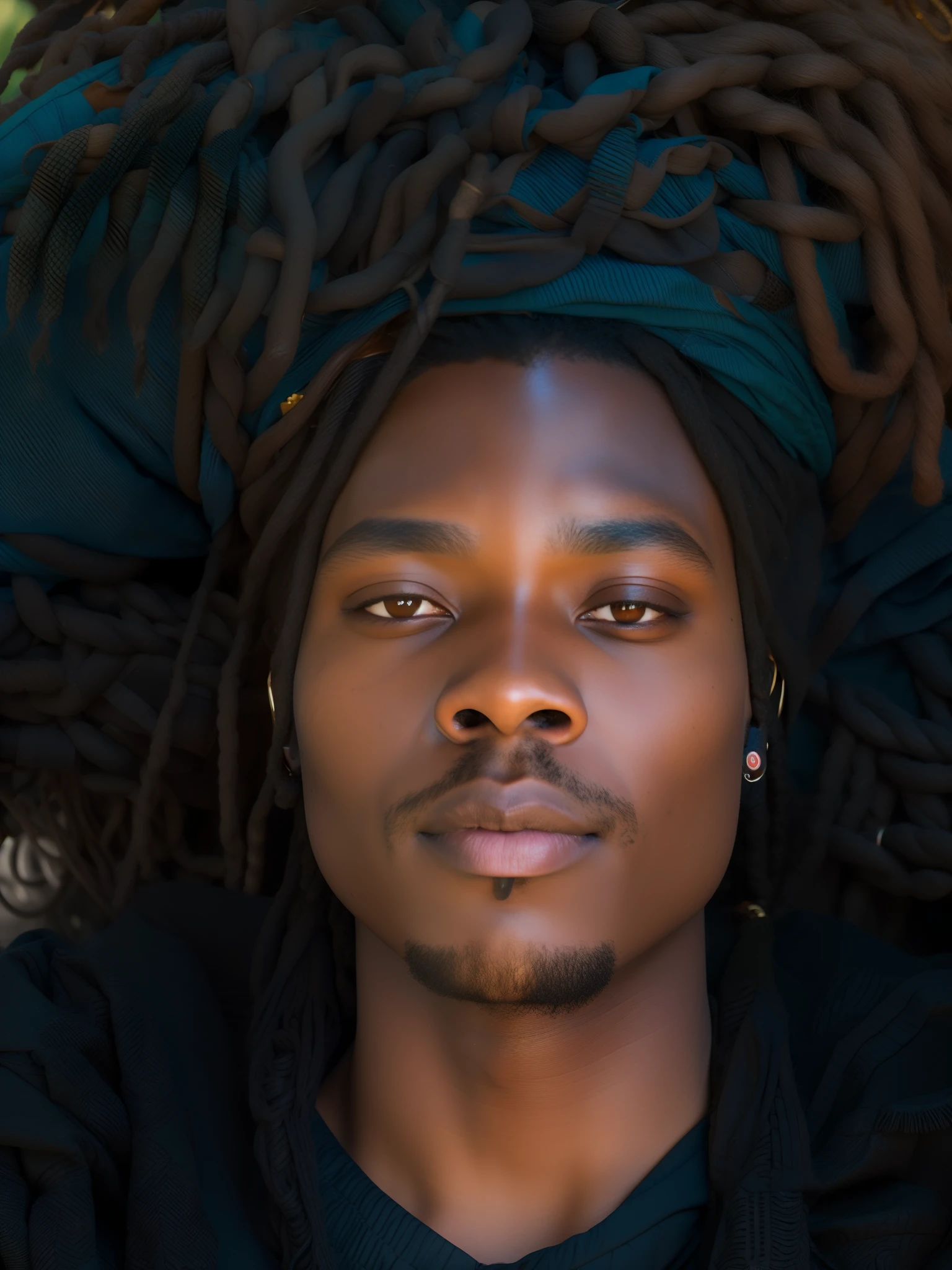 fking_scifi, fking_scifi_v2, portrait of a young very handsome African man, rich colorful clothes, golden african jewelry, close up,.fking_cinema_v2. fking_cinema_v2, looking at viewer, long dreads